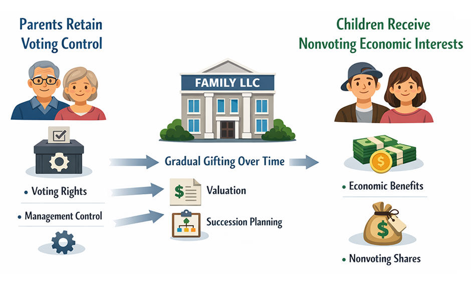 a visual flow of ownership transfer from parents to children through an LLC.