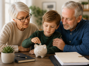 Grandparents teaching their grandson to save.