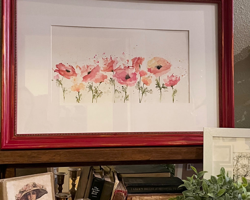 Thumbnail: "Poppy Parade " Original Watercolor Framed in Red