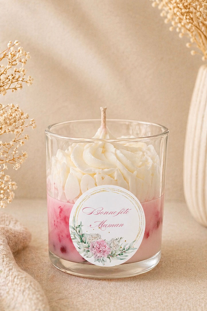 Bougie gourmande artisanale rose et crème en verre