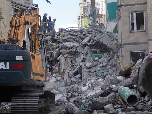 Destruction caused by a Russian missile and drone attack in Kyiv on 14 May