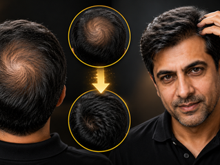 Men bald spot and after wearing a toupee