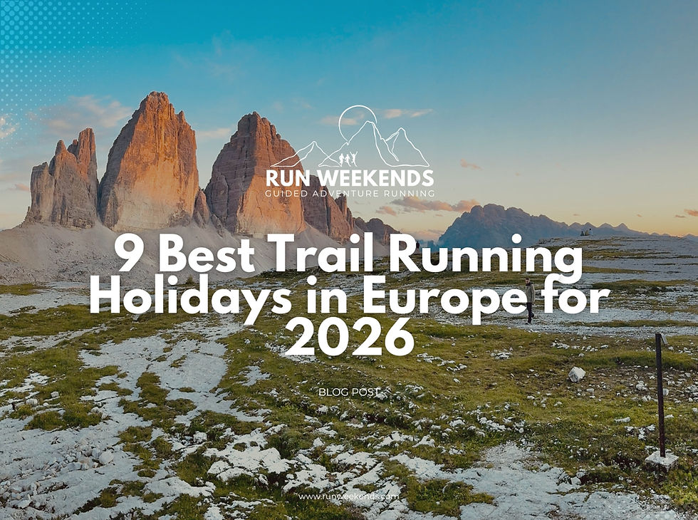 Trail running holidays in Europe 2026 with Run Weekends, featuring the Dolomites trail running, running holidays Europe, guided running holiday, multi-day running trip, Dolomites running holiday, 2026 running holidays