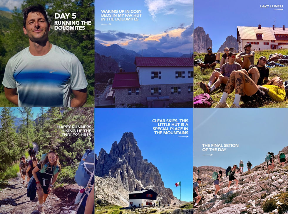 Trail running vacation in the Dolomites with runners enjoying spectacular mountain views, alpine trails and turquoise lakes on an adventure running holiday