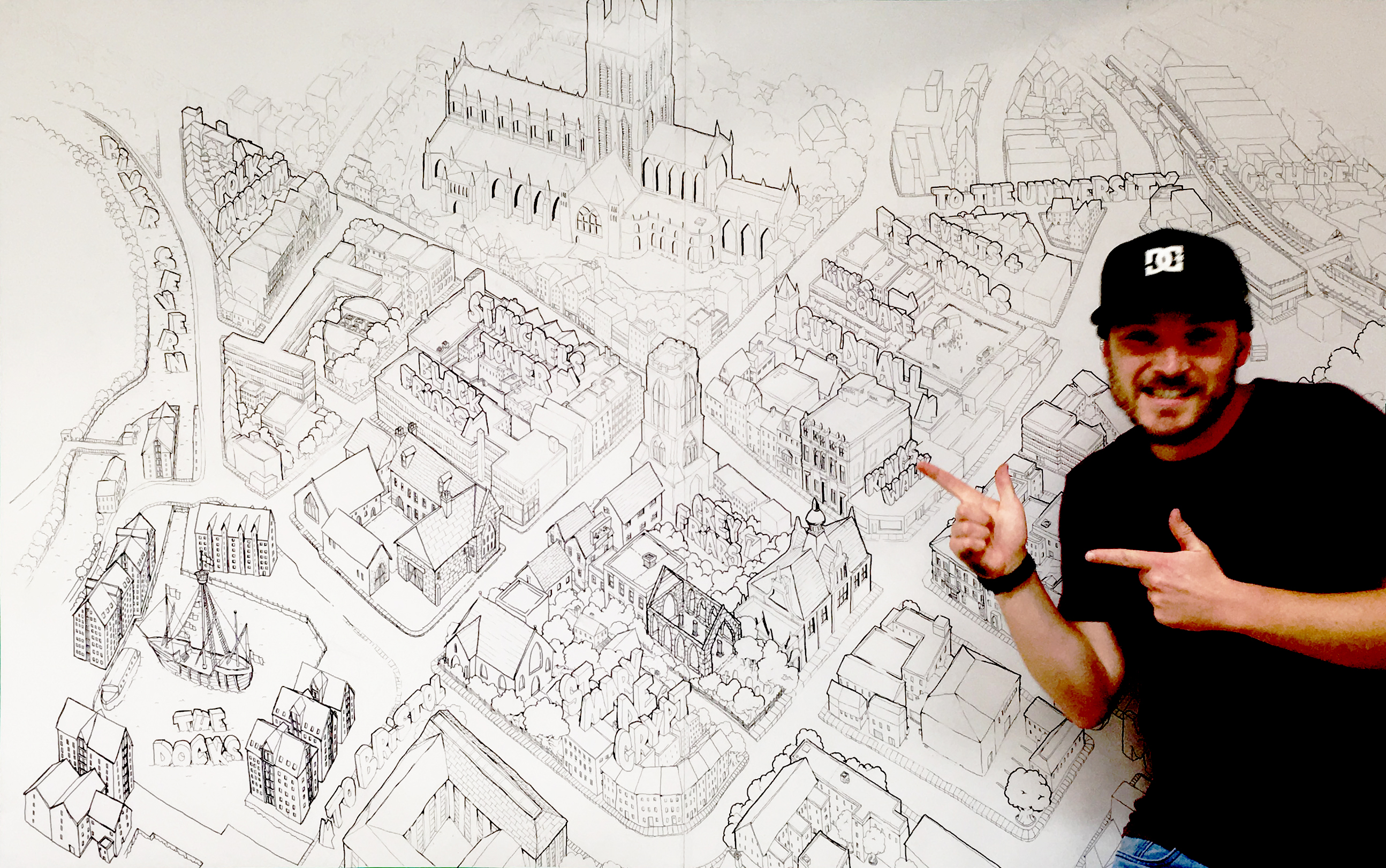 Live Art - Drawing Gloucester City from above on location
