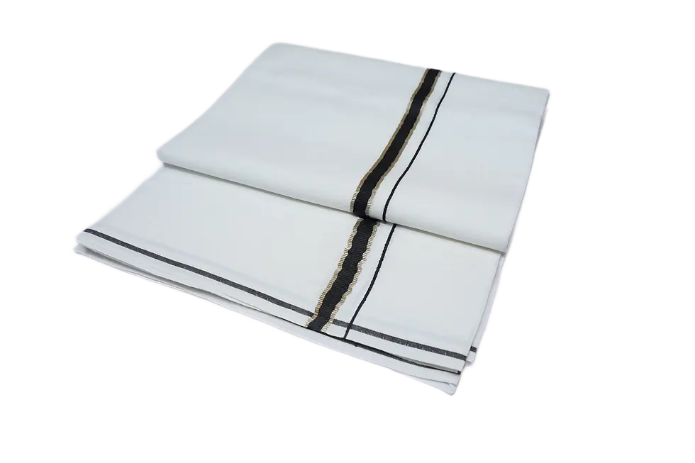 Thumbnail: Closeup of fancy black border on pure cotton white dhoti