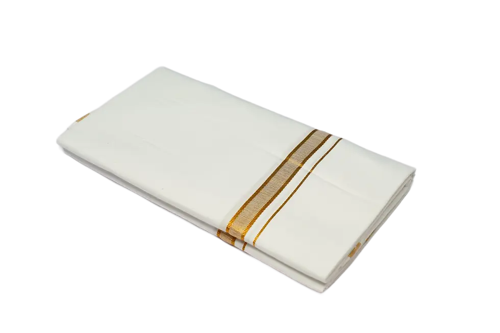 Folded pure cotton white dhoti showing fancy gold jari border