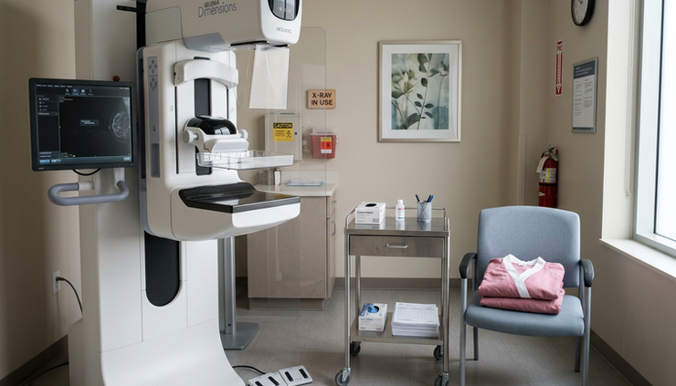 Eye-level view of a quiet mammography room with a folded gown on a chair.