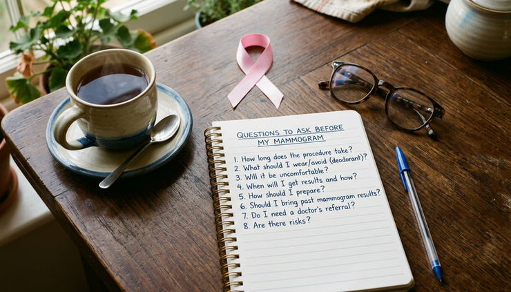 Overhead view of a kitchen table with a notebook listing mammogram questions.