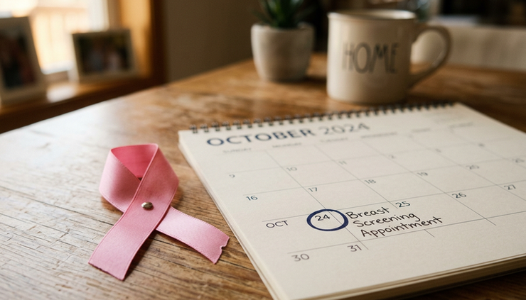 Close-up view of a pink ribbon beside a calendar reminder for a breast screening.