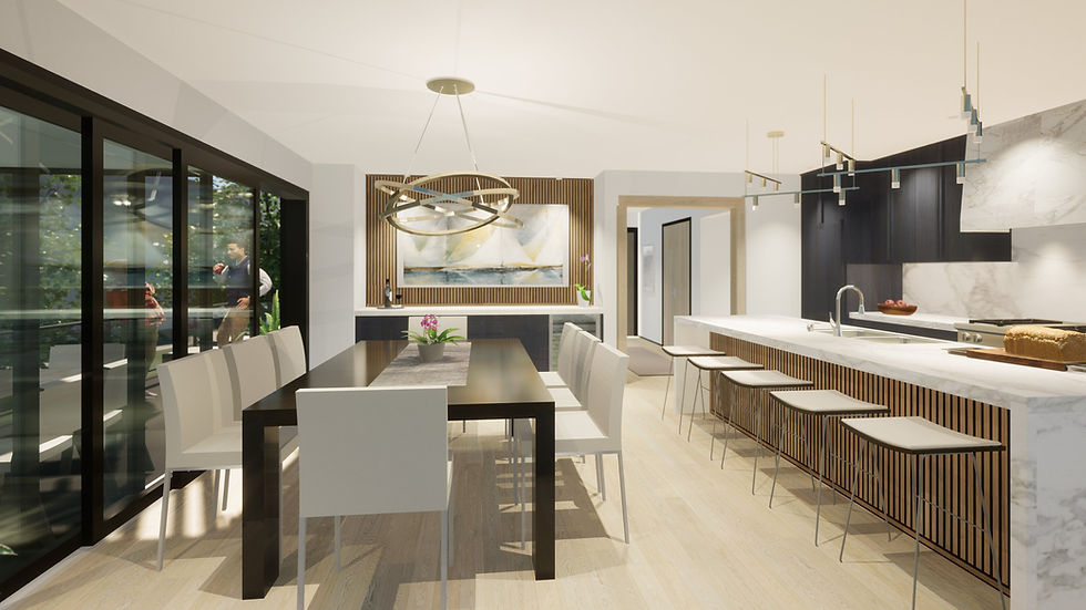 Sleek, modern open-concept dining room and kitchen rendering.