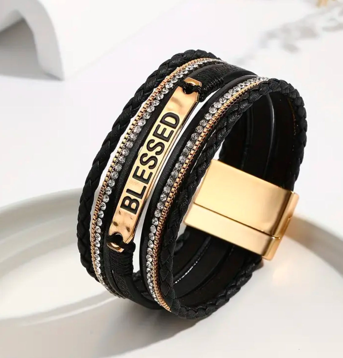 Multi-layer Leather Bracelet - Rhinestone Accent