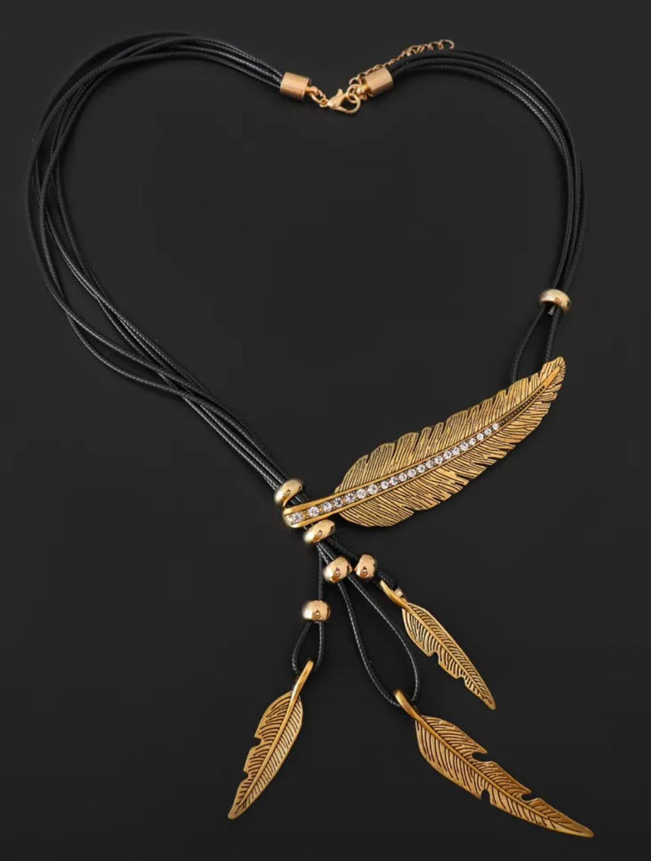Thumbnail: Feather Leaf Tassel Leather Necklace