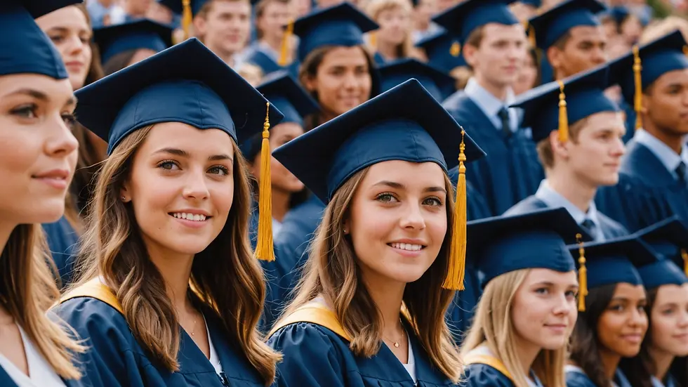 Eye-level view of a graduation ceremony celebrating young adults' achievements