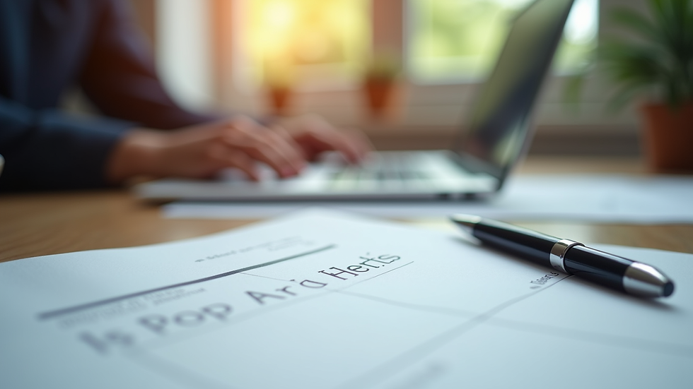 Close-up view of a desk with application documents and a pen
