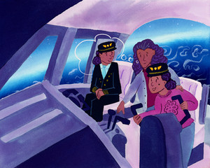 Children’s nonfiction illustration showing a girl in a flight simulator with her mother imaging her as a future pilot. 