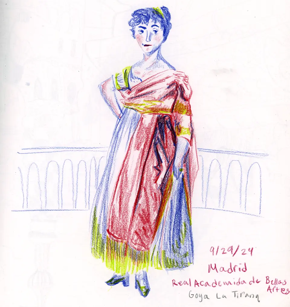 On site travel illustration promoting tourism at La Real Academida De Bellas Artes in Madrid, Spain by editorial illustrator Kamilla Sims.