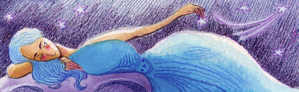 Illustration for early and reluctant readers showing a half awake goddess on the moon throwing stars into the night sky.