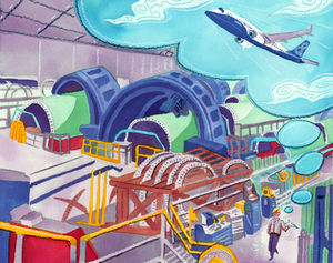 Non fiction illustration of an airplane factory with a business man walking across the floor imaging a finished plane.