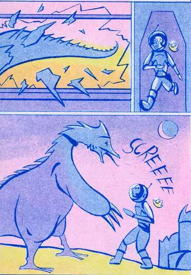 Retro sci-fi comic illustration by comic artist and children's illustrator Kamilla Sims.