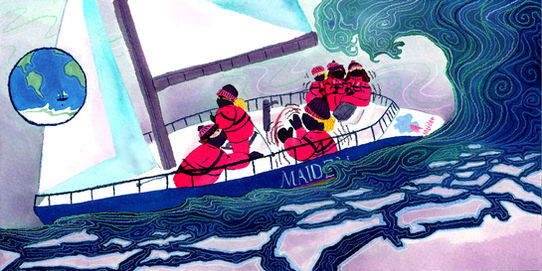 Nonfiction illustration for a children’s book about Tracy Edwards and her all female sailing crew showing them passing by Antarctica.