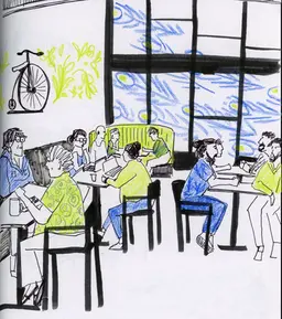 On site editorial illustration of Reverie Roasters by Kamilla Sims for small business branding.  