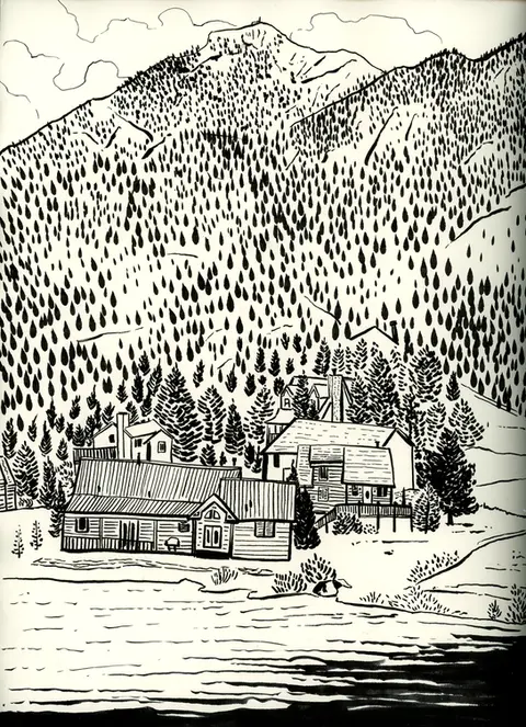 Outdoor travel illustration promoting tourism at Mt. Bierstadt by editorial illustrator Kamilla Sims.