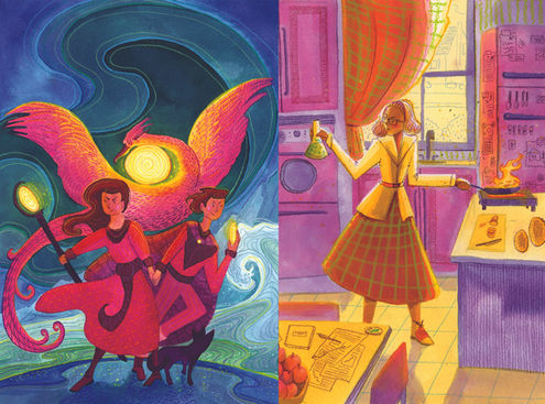 Early reader illustrations showing sibling mages in front of a phoenix and a chemist in a 1950s kitchen.