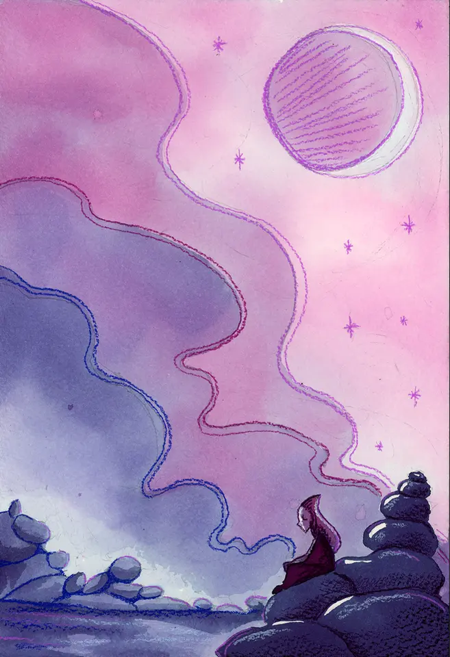 Peaceful purple fantasy watercolor art print.