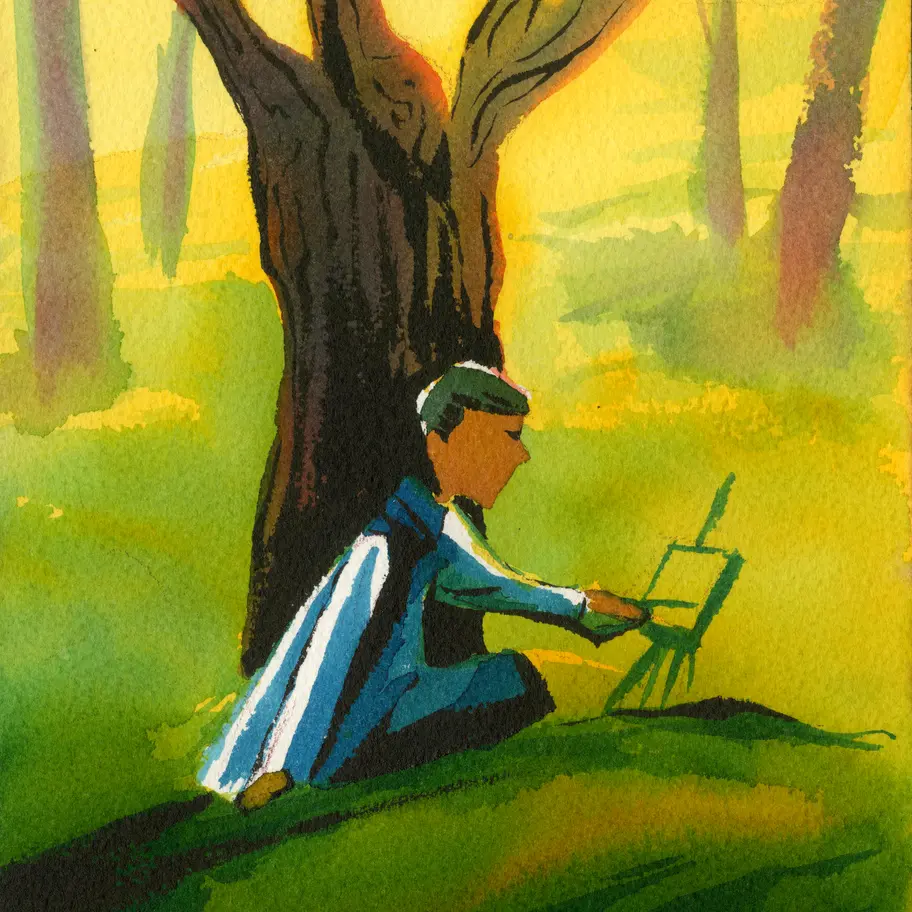 Green outdoor painter watercolor art print.