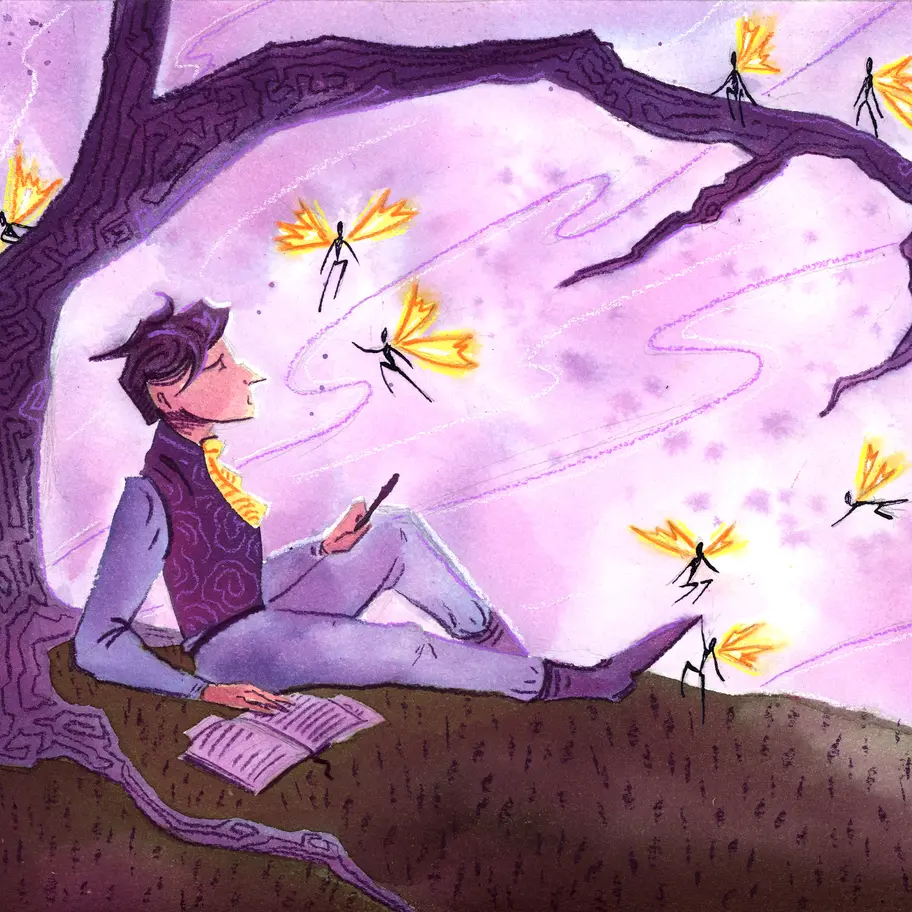 Purple fantasy watercolor art print a student and fairies about the magic of writing.