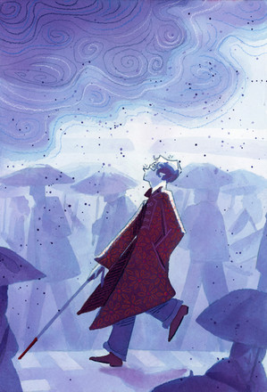 Children’s illustration of a blind man enjoying the rain as he crosses the road amid everyone else huddles under umbrellas. 