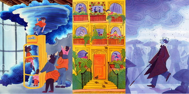 Children's illustrations showing a family with a tornado simulator, a busy apartment building and a blind man in the rain.
