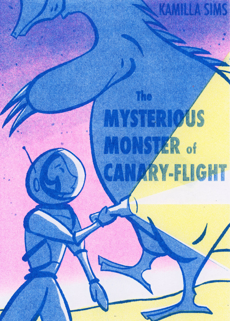 Cover illustration for reluctant middle grade readers showing a woman astronaut walking past a space monster. 