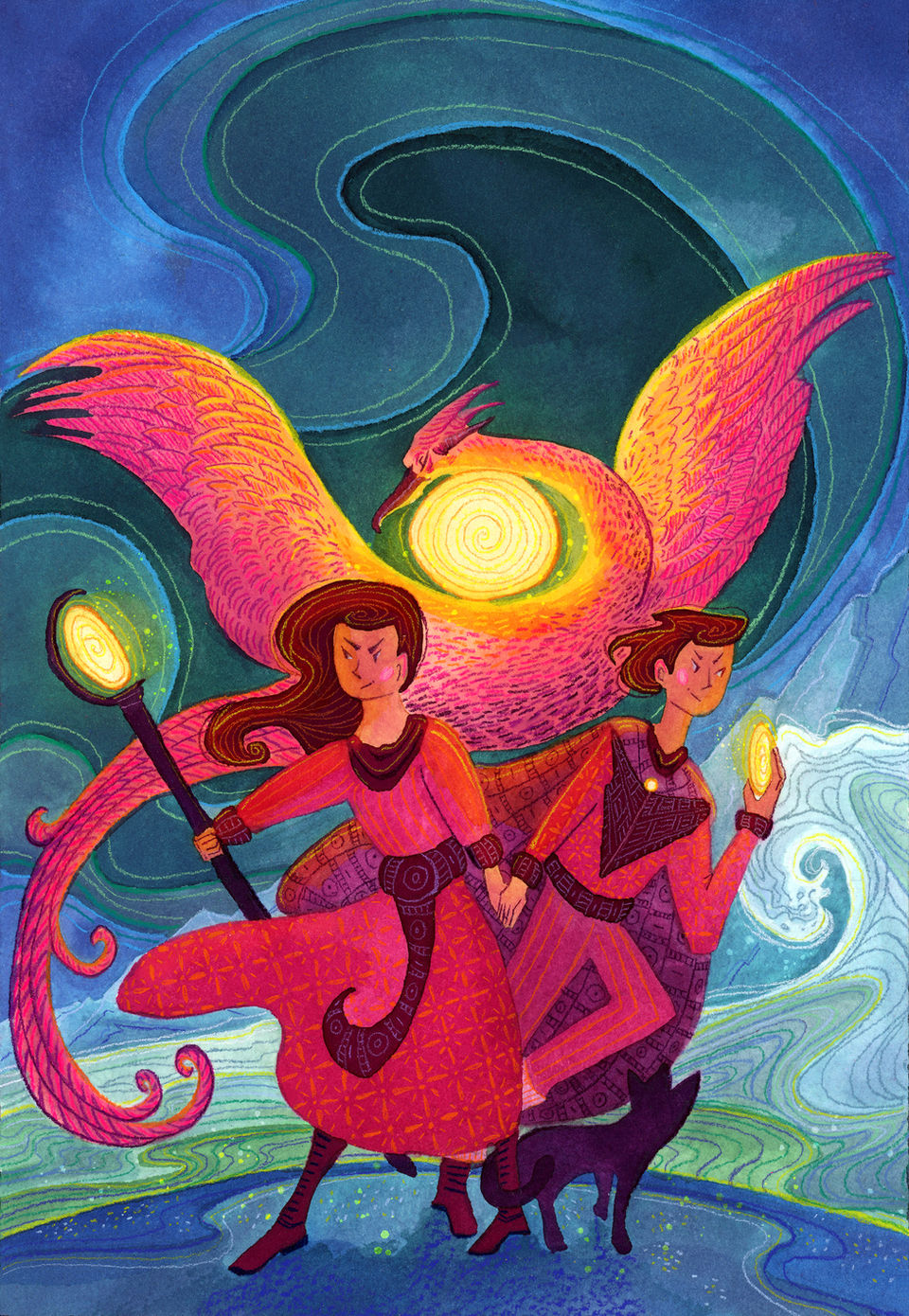 Illustration for reluctant middle grade readers of two mage siblings in front of a phoenix and dramatic waves.
