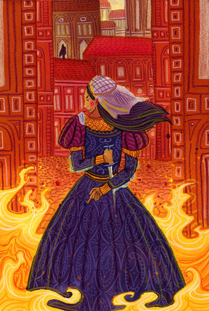 Historical middle grade illustration of a young woman at the center of a renaissance era conspiracy.