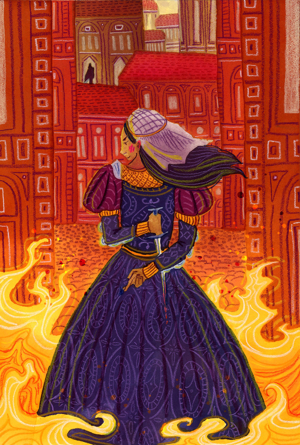 Historical middle grade illustration of a young woman at the center of a renaissance era conspiracy.