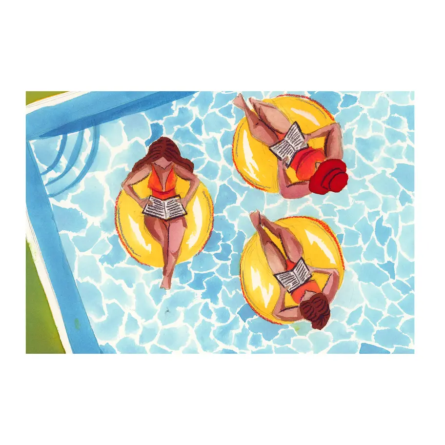 Blue watercolor art print about reading featuring women at the beach.