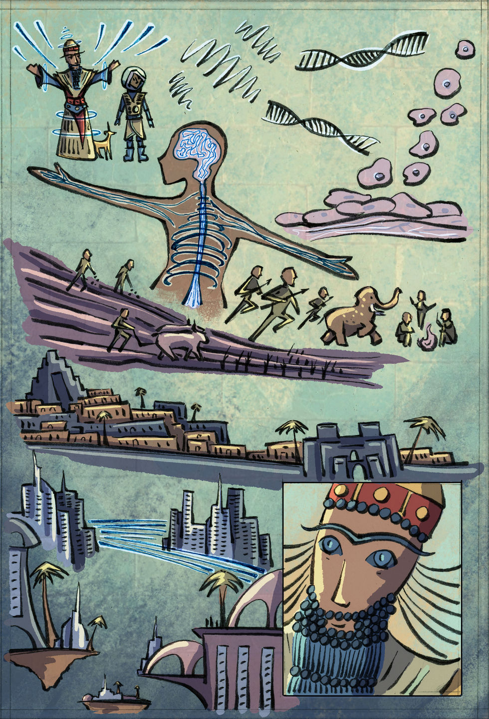 Historical comic illustration for middle grade readers of a speculative history and future of humanity.