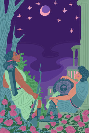 Color study for a YA historical romance illustration showing a huntress and a soldier looking up at a starry sky.