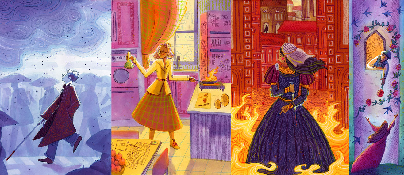 Historical illustrations showing a blind man in the rain, a chemist, a renaissance conspiracy and Romeo and Juliet.