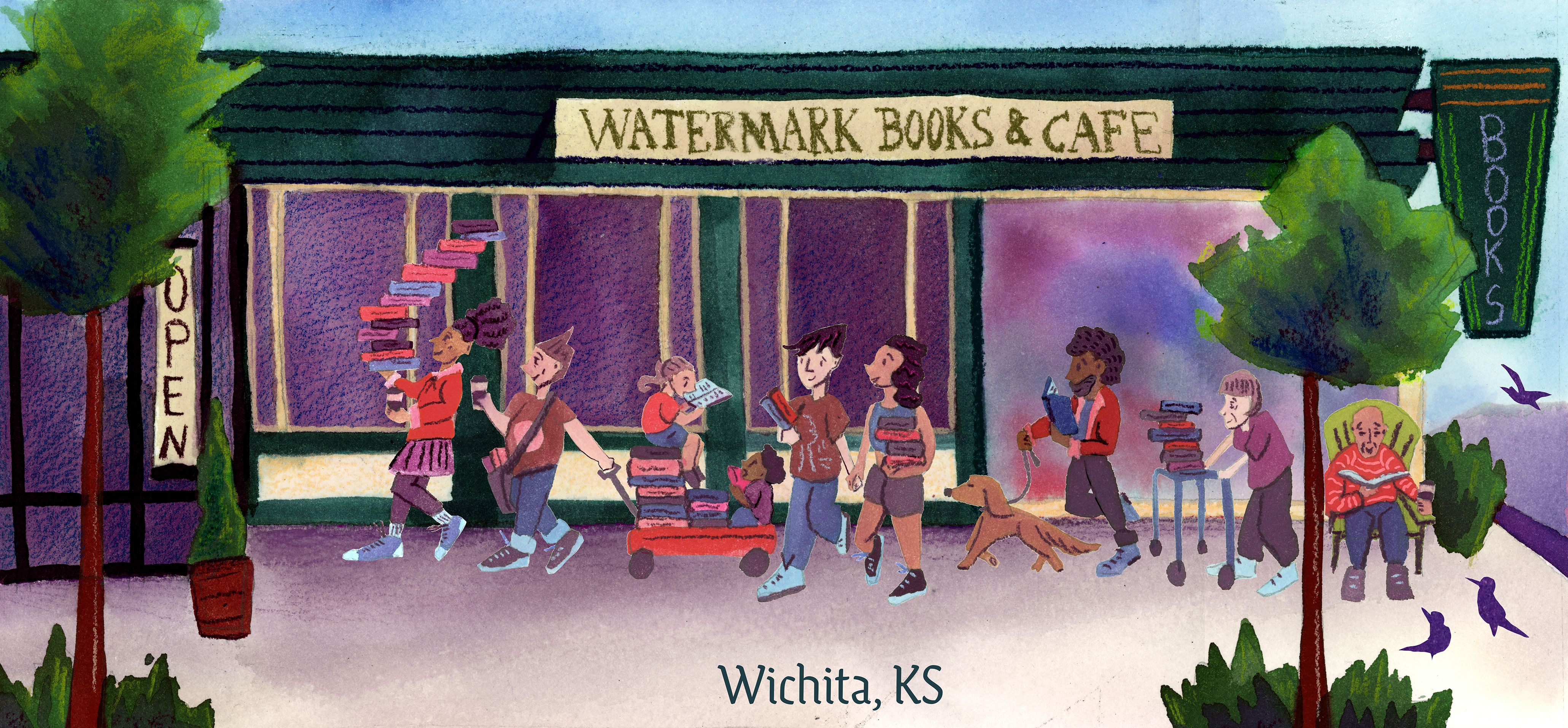 Small business branding merchandise illustration by Kamilla Illustration for Watermark books and Cafe. 