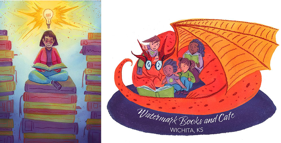 Public arts of an older woman atop books with a lightbulb overhead and a logo illustration for a chi
