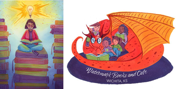 Advertising illustration showing an older woman learning on a pile of books and a dragon reading kids.
