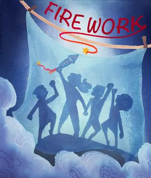 Advertising illustration by Kamilla Illustration of a banner with four excited people silhouetted by fireworks.