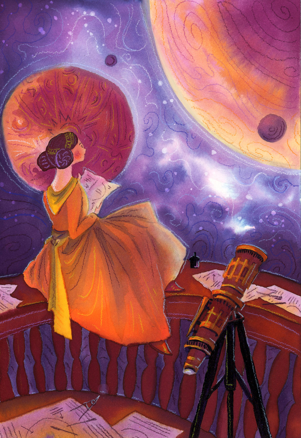 Illustration for reluctant readers of a woman astronomer stargazing on her balcony in an orange dress. 