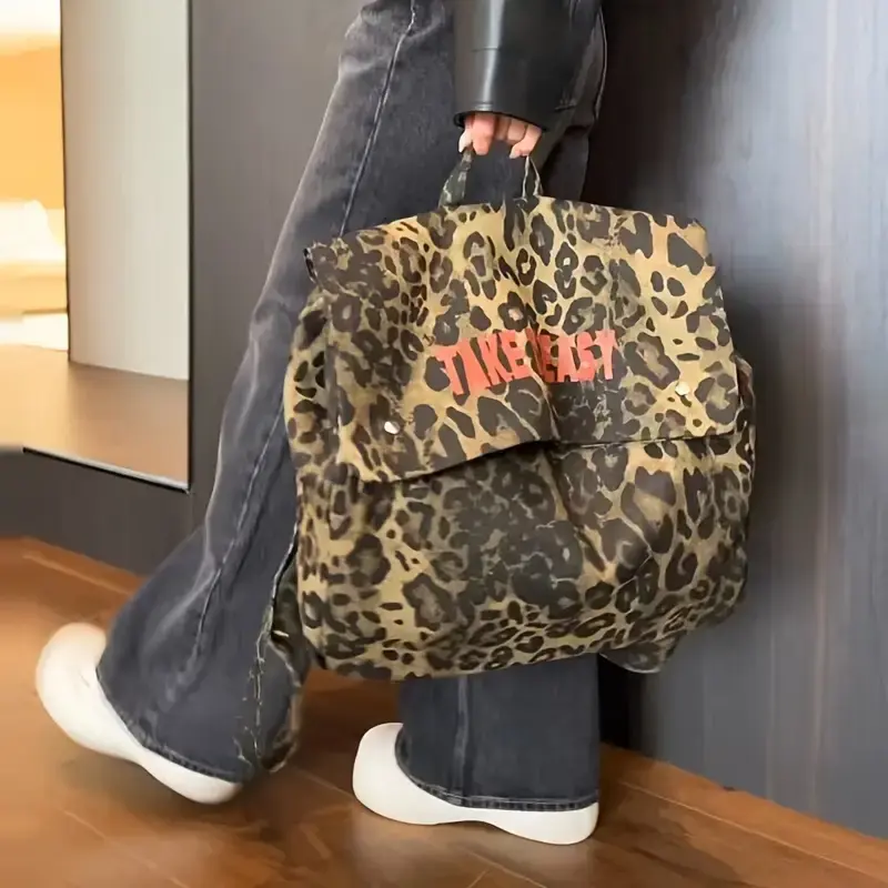 Large Capacity Leopard Print Canvas Bag with Denim-Inspired Design