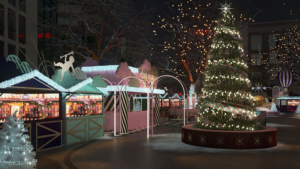 Night view of HEAVENUE Cologne Christmas Wunderland glowing with neon lights and selfie spots