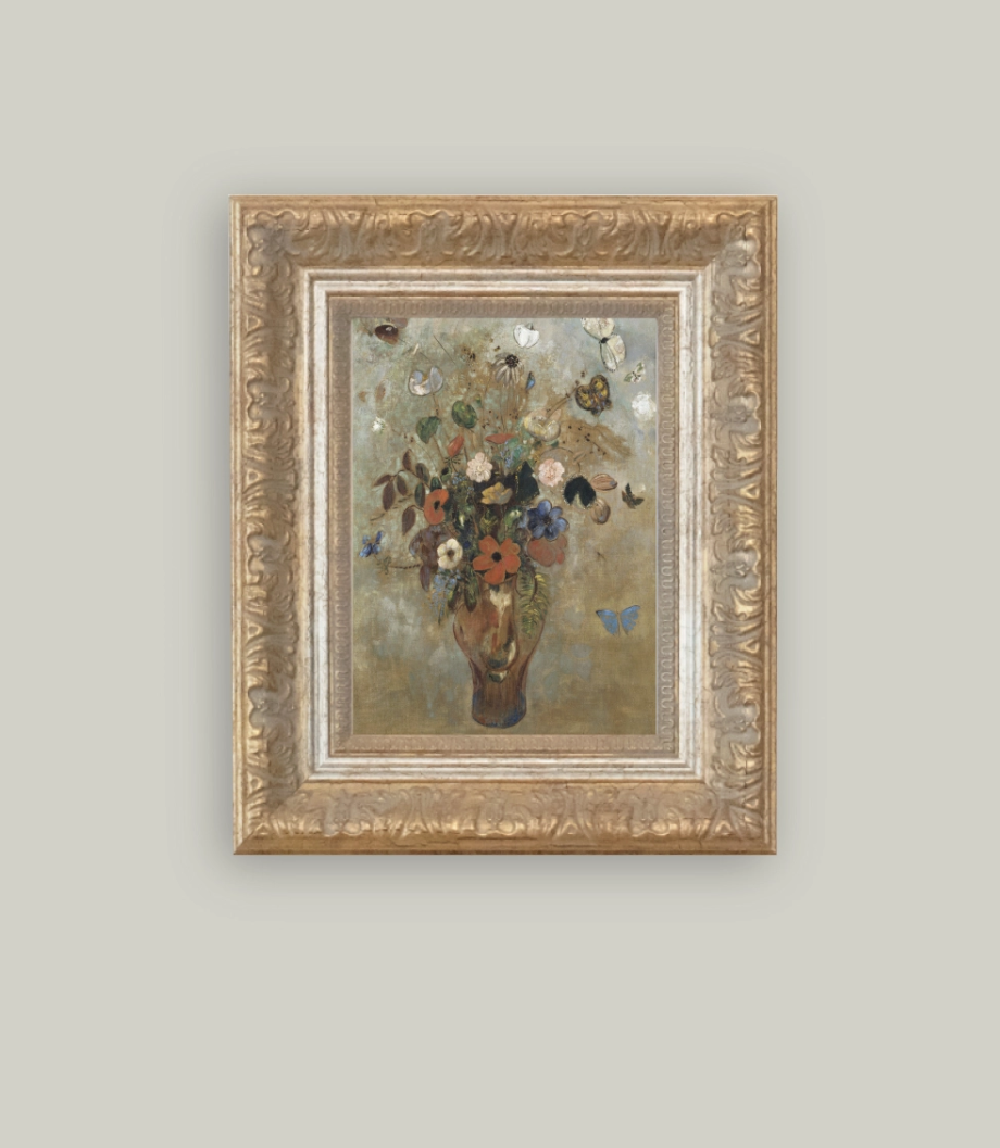 Flower Butterfly Vase Framed Antique Art