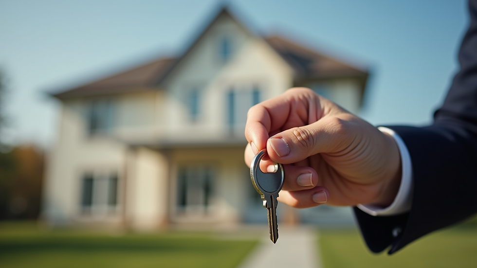 Close-up view of a real estate agent holding a house key in front of a home